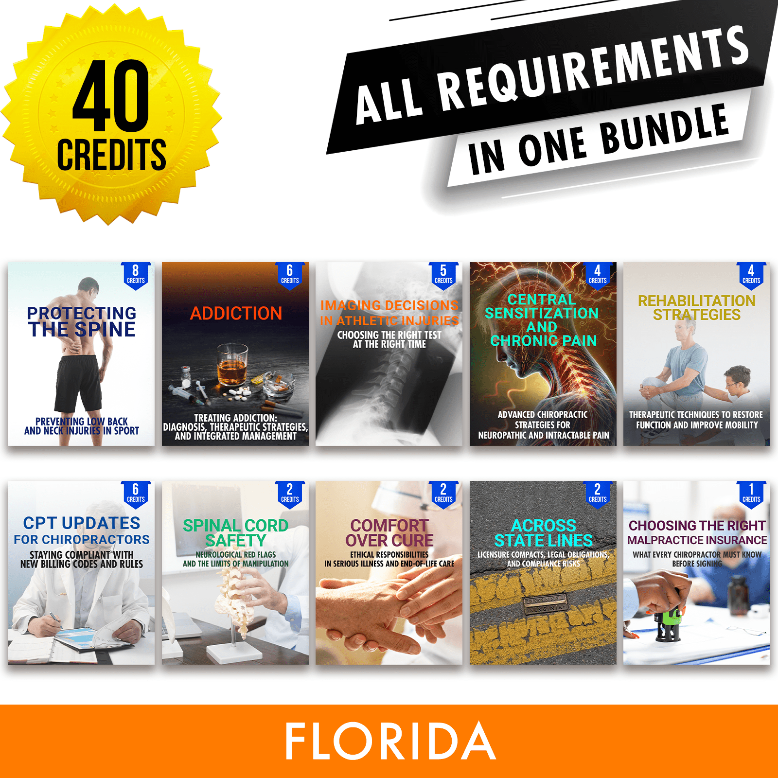 Florida Package 2: *NEW FOR 2028* Full Recertification - All Required Chiropractic Continuing Education Hours in One Package, 40 Credits A Better Chiro